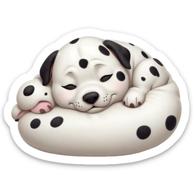 Cinematic Meme-Worthy Chubby Sleeping Dalmatian Portrait Emoji, Head resting peacefully with a contented smile, showcasing a delightfully chubby build and a luxuriously soft white coat with bold black spots, eyes shut in a serene nap, Simplified yet hilariously adorable features, highly detailed, glowing with a soft, drowsy light, high shine, relaxed and utterly lovable, stylized with an air of playful laziness, bright and heartwarming, soft glowing outline, capturing the essence of a comically sleepy Dalmatian, so meme-worthy it feels like it could instantly become the next viral sensation of adorable slumber! sticker