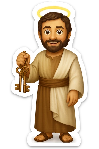 Create a fullbody apostle Peter in high detail, emoji style, wearing plain robes like the reference image, holding keys, expressive face, standing, halo. The style should resemble emoji style with clear details and colors. sticker