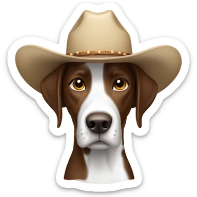 A brown and white pointer wearing a cowboy hat sticker
