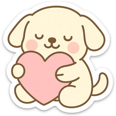 A cute white cream retriever hugging a pretty pink heart pillow with eyes closed happily and smiling, no background, cute style. sticker