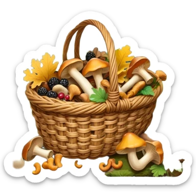 Icon for Mushroom and Berry Tourism: a basket filled with mushrooms chanterelles, boletus and aspen and berries, surrounded by forest elements like trees, leaves and a hiking boots. The icon should capture the joy of foraging in nature. Transparent background. sticker