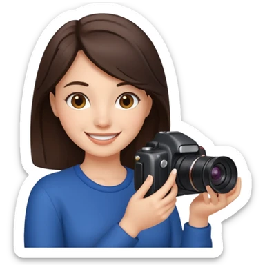 A brunette girl smiling, she’s a proud and successful filmmaker 🍿🌍✨ Holding a camera or behind / next to a camera, / holding awards  sticker