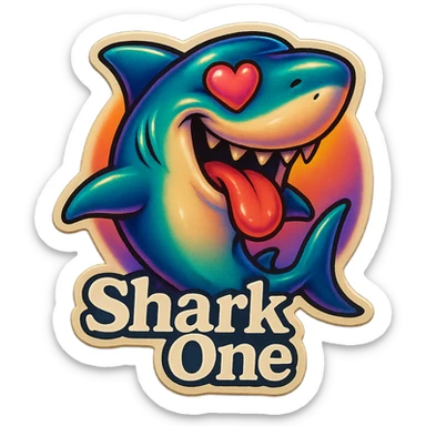mouth open with tongue out heart shaped eye add the words “ Shark One " in White sticker