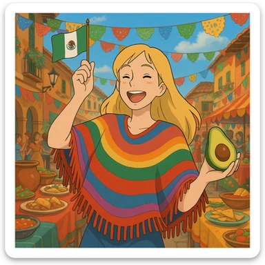 cartoon of a tall blonde woman in a colorful poncho, smiling, holding a taco and avocado, waving a Mexico flag, dancing in a festive street party background with food and decorations sticker