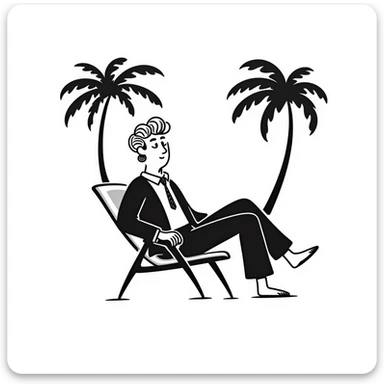 hand-drawn blonde man in business suit sitting on beach chair with palm trees, on vacation sticker
