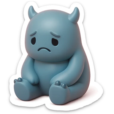 lonely monster, sitting alone with a sad expression, muted blue and grey colors, toy-like vinyl figure style sticker