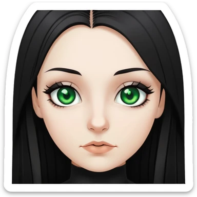 white girl, dark hair, goth style, straight hair, green eyes, without lipstick sticker