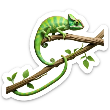 cinematic-chameleon-realistic-full-body-climbing-emoji,-slender-body-gripping-a-twisting-vine-with-prehensile-feet,-scaly-green-skin-shifting-shades-with-its-environment,-large-bulging-eyes-rotating-independently,-delicate-coiled-tail-curling-behind,-long-tongue-slightly-protruding-as-if-ready-to-strike,-simplified-yet-realistic-focused-features,-highly-detailed,-glowing-with-an-ethereal-forest-light sticker