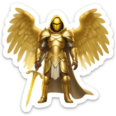 
archangel with golden wings in golden armor covering the whole body, in a golden hood, his face is not visible because of the rays of light, holding a golden sword in his hand, in full height, golden wings sticker