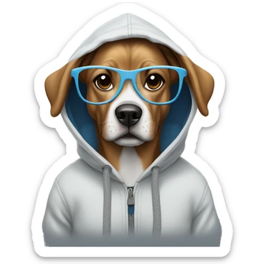Dog wearing a hoodie with glasses sticker