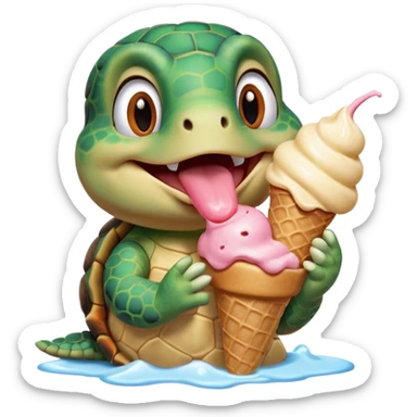 cute turtle portrait, head and shoulders only, licking an ice cream cone, funny happy expression, 3D cartoon, mobile game icon style, clean background, no text, no watermark
 sticker