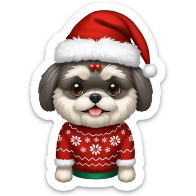 dark grey shih tzu christmas sweater and hat sticker