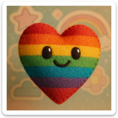 Create a rainbow pride heart combining plush portrait style and retro sticker style, using a pastel color palette with a subtle sparkle effect. No text. sticker