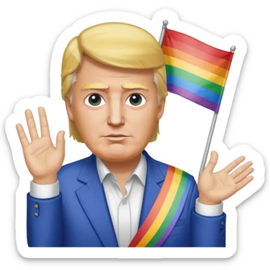 donald trump wrapped in a rainbow flag with a shirt that says “i love osama bin laden” and osama bin laden is next to him holding his hand sticker