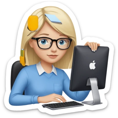 donna, occhi azzurri con occhiali, capelli medi, lisci e biondi, lavora al pc. sticker