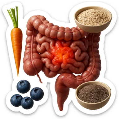 intestino umano anatomico infiammato al centro con carota, bowl di avena, mirtilli, bowl di semi di chia che gli fluttuano intorno , iperrealistico 4k sticker