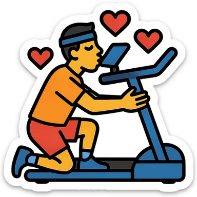 the sportsman is hugging and kissing the treadmill. They are surrounded by red hearts sticker