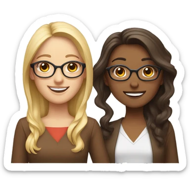Smiling woman on the left side blonde with blue eyes and middle length straight hair and on tve right brunette with wavy hair, brown eyes and brown glasses, smiling and holding hands sticker