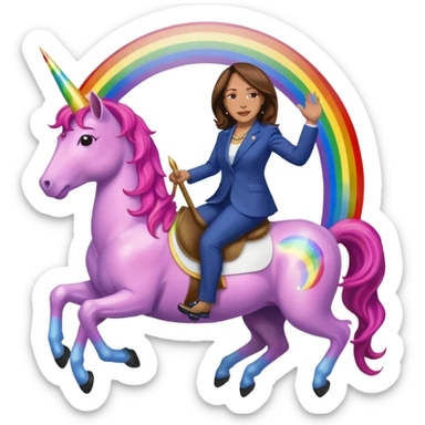 Kamala Harris and donald trump riding a rainbow unicorn sticker