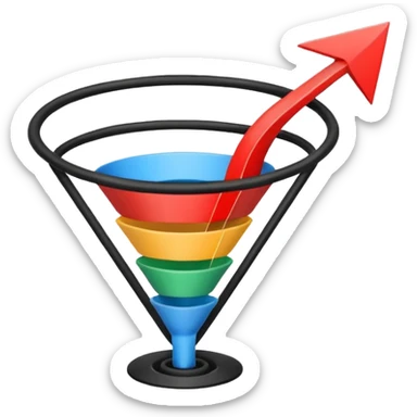 Minimalistic flat vector icon, iOS style, thin black contour on white background. Sales funnel shape with arrows pointing downward. Clean, no text, no shadows.
 sticker