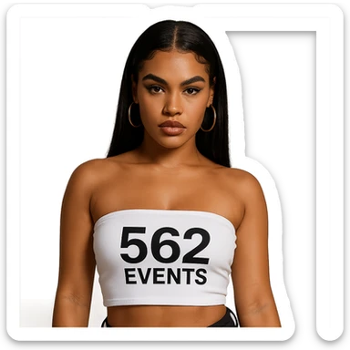 realistic baddie, mixed-race Caucasian and African American, in a white tube top with '562 Events' written on it sticker