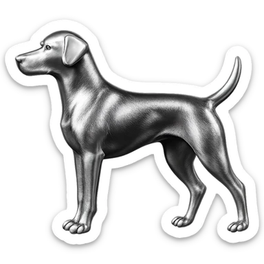               Apply a high-end, photorealistic metallic chrome material to the provided {subject}. The material should have a smooth, slightly curved surface with subtle reflections and soft shadows, resembling brushed or polished silver metal. Preserve the exact shape, proportions, and design of the original object. Set it against a solid black background (#000000) in 8K resolution. The lighting should enhance the beveled edges and reflective highlights, creating a sleek, premium finish. {subject} = dog pointing left sticker