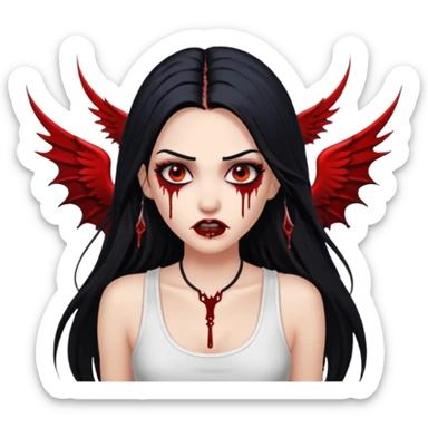 White woman with a white tank top long black hair glossy middle part long hair vamp look with fangs or blood dripping down lips brown eyes eyeliner winged with lashes top and bottom white border sticker