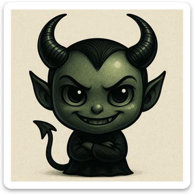devil emoji in chibi style with gothic palette black and green, elegant horns, sinister smile sticker