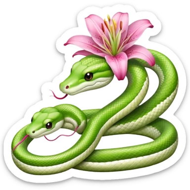 A cute light green and white snake with a pink lily flower on its head. sticker