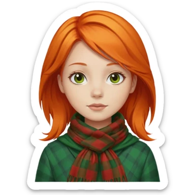 girl orange hair, wear red checkered scarf, green dress sticker
