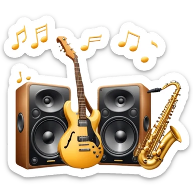 Icon for R&B Music Listening: large concert speakers and headphones with waves of musical notes coming out, along with drums, bass guitar and saxophone. The icon should convey the energetic and rhythmic vibe of R&B music. Transparent background sticker