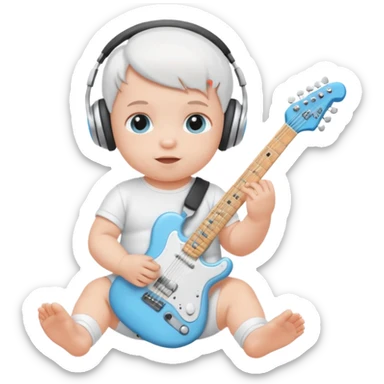 a cute baby in a white diaper and air pod max silver headphones playing a baby blue electric guitar sticker