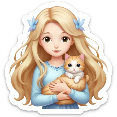 Dreamy beautiful fashion elegant cute shiny lady soft style kawaii beautiful hair fairy style girl holding a kitten sticker