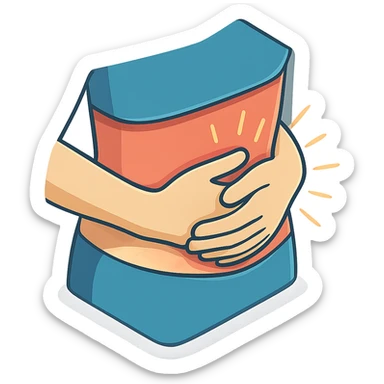 extreme close-up of a person's stomach with hands overlapping and pressing firmly, showing pain, only the stomach and hands, no face, 2D isometric illustration style sticker