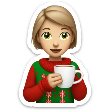 Light brown short haired girl with green eyes drinking coffee wearing red Christmas sweater sticker