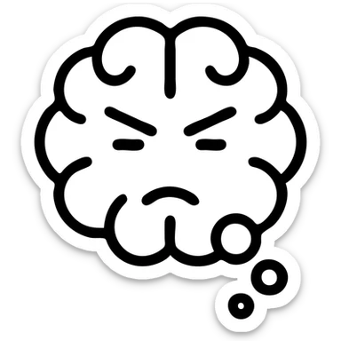 brain thinking, black outlined icon style, concentrated expression, no background sticker