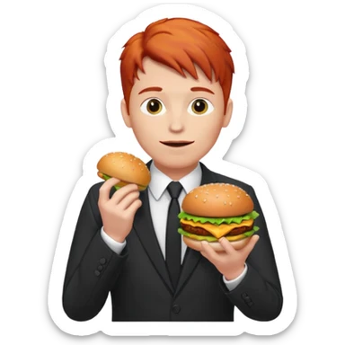 red haired male wearing suit eating hamburger sticker
