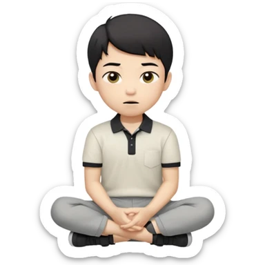 A cartoon young Asian boy with short black hair, light beige skin, and large expressive eyes, wearing a white polo shirt, gray pants, and black shoes. He sits cross-legged on the ground, one fist resting on his cheek, with a closed-mouth smirk. Clean lines, flat colors, solid black background. sticker