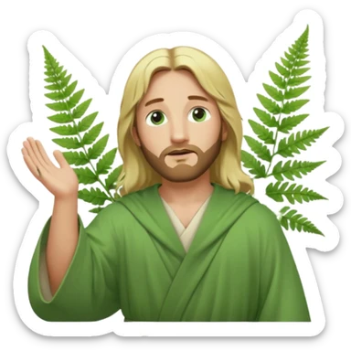 Jesus, green eyes, blonde hair, light green robe. opening arms, gazing thoughtfully. Soft light, subtle fern. Waist-up, profile. sticker