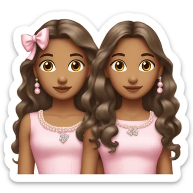 two pretty teenage Latina twins. pink. Long hair. Pink bows. Pearls. Light pink. Diamonds dress. sticker