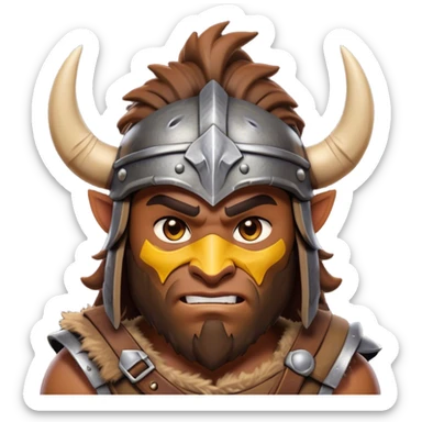 Clash of Clans aesthetic: Cinematic Fierce Barbarian Portrait Emoji, Poised and bold with a rugged yet cartoonish build in tattered furs and a horned helmet, expressive bright eyes and a confident smirk, Simplified yet dynamic features, highly detailed, glowing with a vivid, adventurous aura, high shine, heroic and spirited, stylized with an air of medieval warrior charm, focused and energetic, soft glowing outline, capturing the essence of a fearless barbarian adventurer ready to lead his clan with spirited valor! sticker