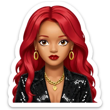 Rihanna with long red hair, black sequin outfit sticker
