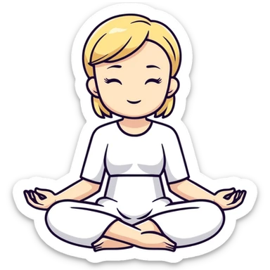 a blonde girl with a short haircut in a white dress sitting in a lotus position and meditating sticker