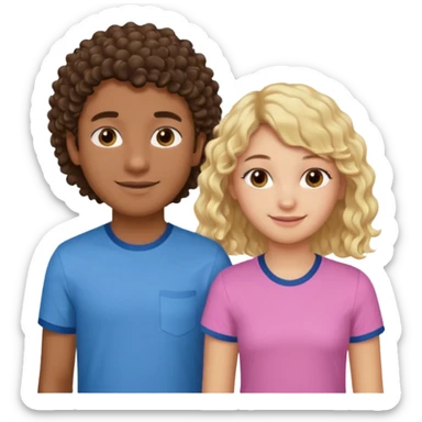 Menino de pele morena de olho castanho meio preto e cabelo cacheados ralo e blusa azul e menina loira de cabelos longos e franja na testa sorrindo com blusa rosa sticker