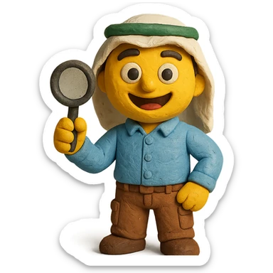 Create a realistic emoji character named Master Hunt. He is a Saudi young adult ,a button-up shirt and cargo pants. In one hand, he holds a magnifying glass, and he has an enthusiastic smile on his face. The background should be transparent , positive work culture. sticker