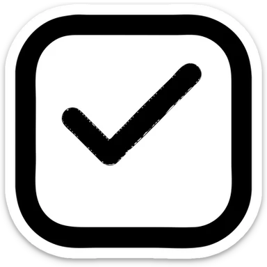 Create a rounded square checkbox icon with a thick black rounded square border. Inside the border, fill the entire area with solid white. Overlay a bold, semi-transparent black check mark visible on the white fill. Ensure no transparency except outside the icon. sticker