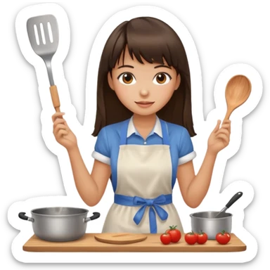 girl brunette with bangs long hair cooking sticker
