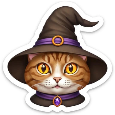 Brown tabby cat wearing a witch hat sticker