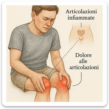 realistic medical illustration of a person with joint pain, holding knees or hands, showing visual connection to inflamed intimate areas using discreet symbols or shading, educational and respectful style, with Italian labels, no explicit details sticker