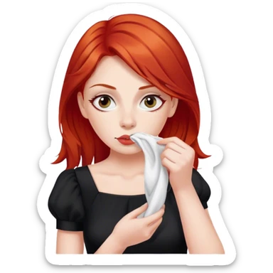 a woman with red hair and red eyes sniffing a white sock. The woman wear a black  dress sticker